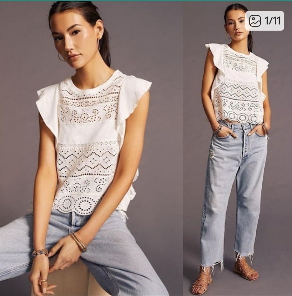 Anthropologie White Sustainable Lace Eyelet Tank Blouse Boho Feminine Small